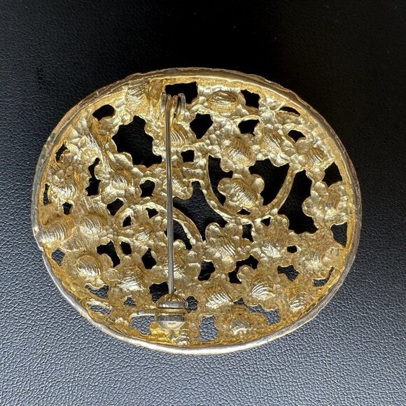 VTG Oval Brooch Pin 1.5" Floral Clear Rhinestone Yellow‎ Gold Plated Filigree - Picture 4 of 7